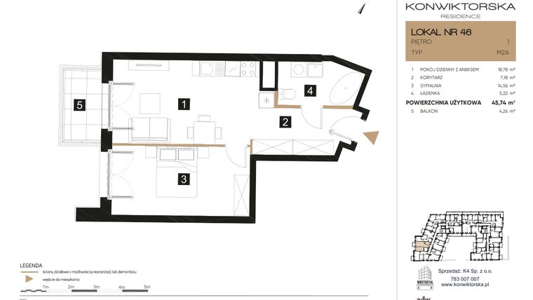 Rzut - Mieszkanie na sprzedaż 2 pokoje o powierzchni 45,51 m² - numer 46 w Konwiktorska Residence