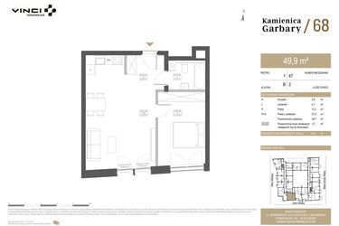 Rzut - Mieszkanie na sprzedaż 2 pokoje o powierzchni 49,9 m² - numer 47 w Garbary 68