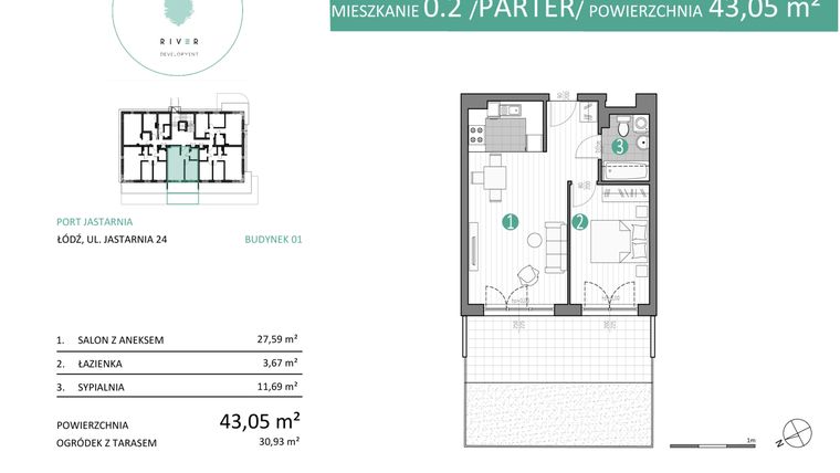 Rzut - Mieszkanie na sprzedaż 2 pokoje o powierzchni 43,05 m² - numer 01.0.2 w Port Jastarnia bud. 01, 04