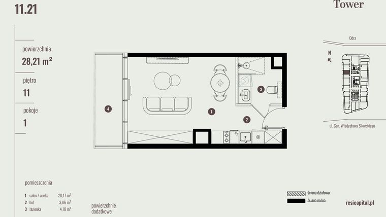 Rzut - Mieszkanie na sprzedaż 1 pokój o powierzchni 28,21 m² - numer 11.21 w Quorum Tower