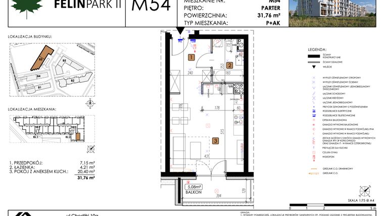 Rzut - Mieszkanie na sprzedaż 1 pokój o powierzchni 31,81 m² - numer M54 w Felin Park II etap 2