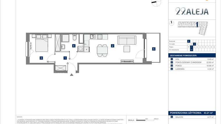 Rzut - Mieszkanie na sprzedaż 2 pokoje o powierzchni 43,34 m² - numer E.52 w 29. Aleja etap 2