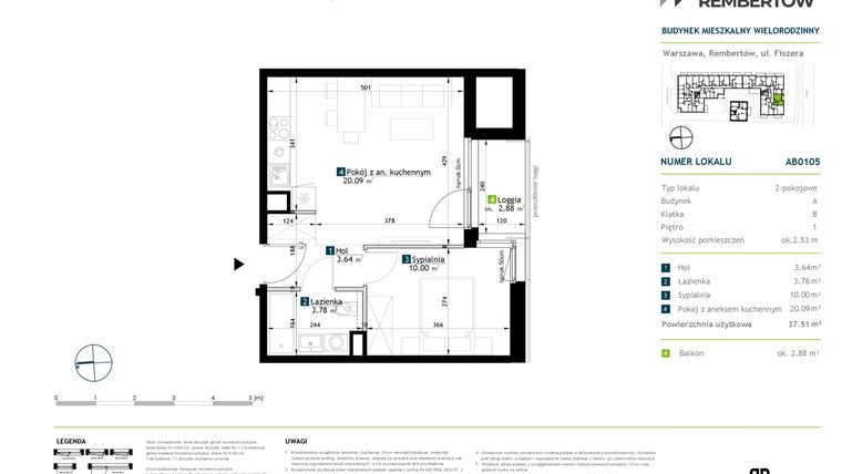 Rzut - Mieszkanie na sprzedaż 2 pokoje o powierzchni 37,51 m² - numer AB0105 w Stacja Rembertów