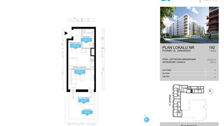 Rzut - Mieszkanie na sprzedaż 1 pokój o powierzchni 33,52 m² - numer CDEF.192 w Wieża Jeżyce etap II