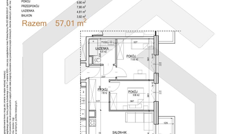 Rzut - Mieszkanie na sprzedaż 3 pokoje o powierzchni 57,01 m² - numer S.01.05 w Sobieskiego 29