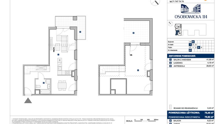 Rzut - Mieszkanie na sprzedaż 1 pokój o powierzchni 75,4 m² - numer B.21 w Osobowicka 114