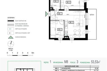 Rzut - Mieszkanie na sprzedaż 3 pokoje o powierzchni 53,53 m² - numer 8 w Kolarska Koncept
