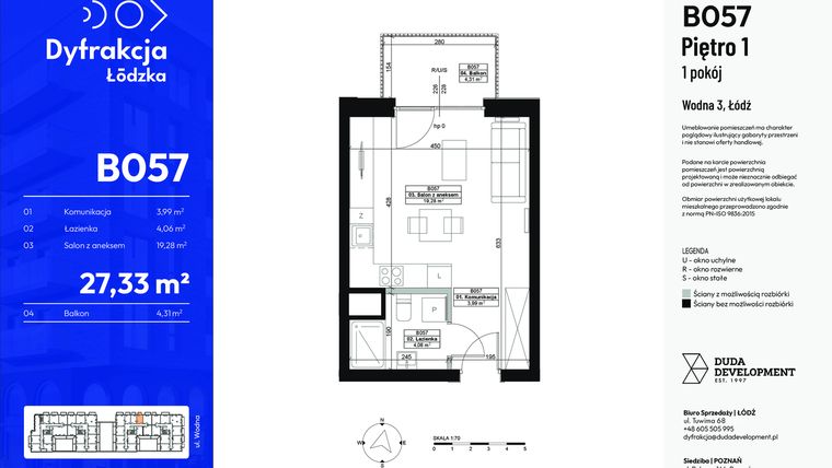 Rzut - Mieszkanie na sprzedaż 1 pokój o powierzchni 27,33 m² - numer B057 w Dyfrakcja Łódzka