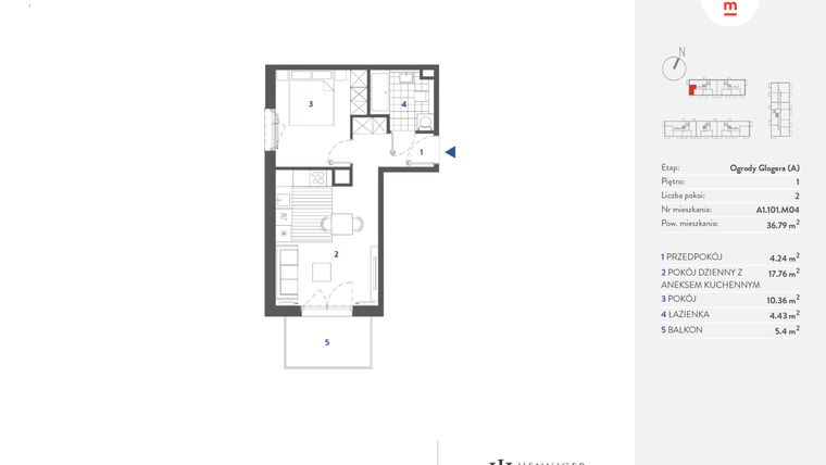 Rzut - Mieszkanie na sprzedaż 2 pokoje o powierzchni 36,77 m² - numer A1.101.M04 w Mieszkaj w mieście - Ogrody Glogera