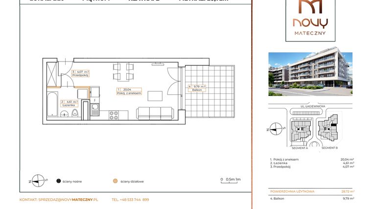 Rzut - Mieszkanie na sprzedaż 1 pokój o powierzchni 28,72 m² - numer B20 w Novy Mateczny