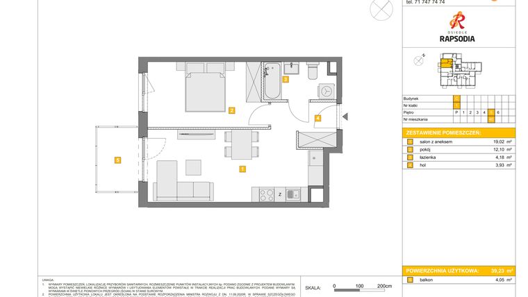Rzut - Mieszkanie na sprzedaż 2 pokoje o powierzchni 39,23 m² - numer C.40 w Osiedle Rapsodia etap 2