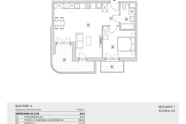 Rzut - Mieszkanie na sprzedaż 2 pokoje o powierzchni 50,37 m² - numer A2.3.50 w Zakole Wisły