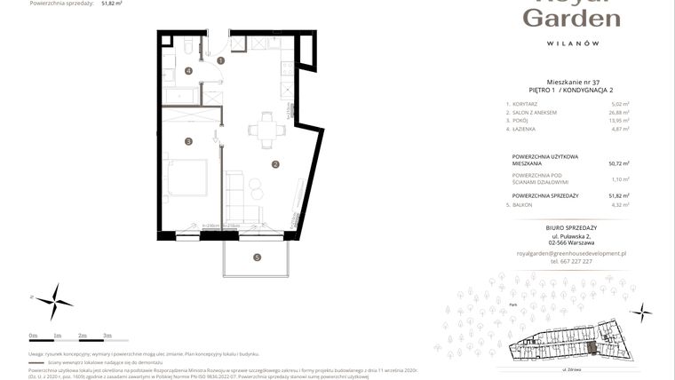 Rzut - Mieszkanie na sprzedaż 2 pokoje o powierzchni 50,72 m² - numer M.37 w Royal Garden Wilanów