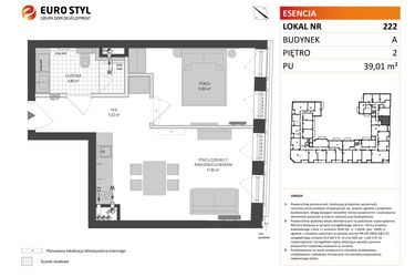 Rzut - Mieszkanie na sprzedaż 1 pokój o powierzchni 39,01 m² - numer A.222 w Esencja - Apartamenty inwestycyjne