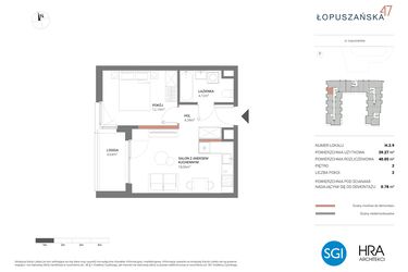 Rzut - Mieszkanie na sprzedaż 2 pokoje o powierzchni 40,05 m² - numer H.2.9 w Łopuszańska 47 - etap 3