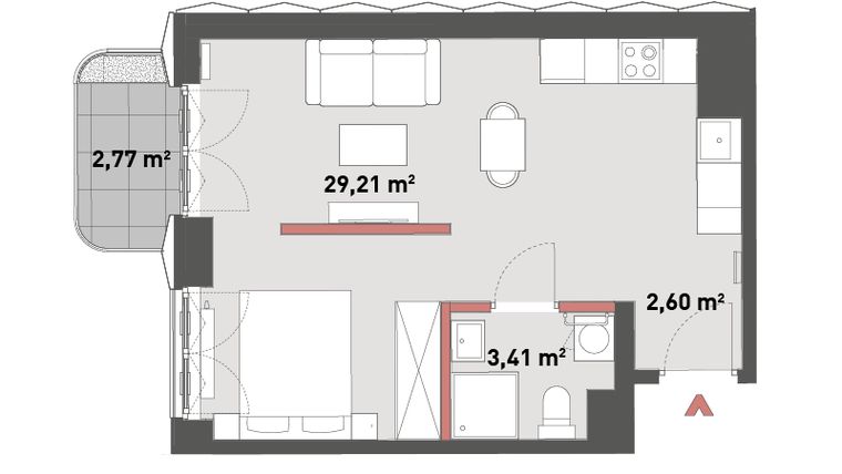 Rzut - Mieszkanie na sprzedaż 1 pokój o powierzchni 35,22 m² - numer A.04.02 w Żelazna 54