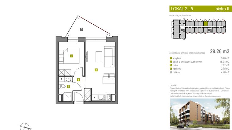 Rzut - Mieszkanie na sprzedaż 2 pokoje o powierzchni 29,26 m² - numer 47 w Summer Lofts Ustronie Morskie