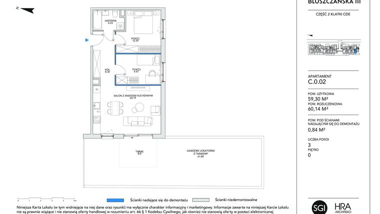 Rzut - Mieszkanie na sprzedaż 3 pokoje o powierzchni 60,1 m² - numer C.0.02 w Bluszczańska III