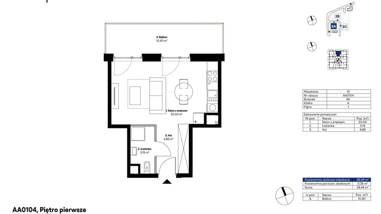 Rzut - Mieszkanie na sprzedaż 1 pokój o powierzchni 28,09 m² - numer AA0104 w NU3 Warszawa Wola