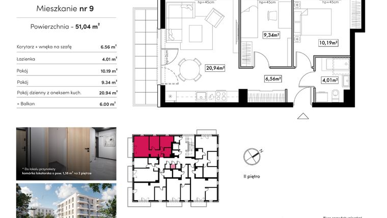 Rzut - Mieszkanie na sprzedaż 3 pokoje o powierzchni 51,04 m² - numer B22.M9 w Novum Rumia - bud. 22