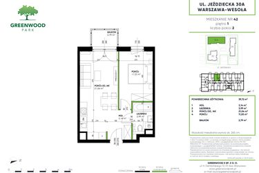 Rzut - Mieszkanie na sprzedaż 2 pokoje o powierzchni 39,72 m² - numer B 42 w Greenwood Park