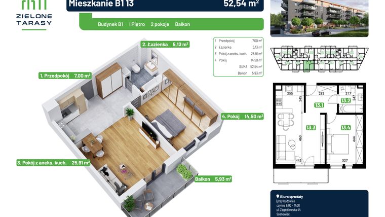 Rzut - Mieszkanie na sprzedaż 2 pokoje o powierzchni 52,54 m² - numer B1.13 w Zielone Tarasy