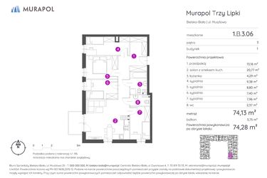 Rzut - Mieszkanie na sprzedaż 5 pokoi o powierzchni 74,28 m² - numer 1.B.3.06 w Murapol Trzy Lipki