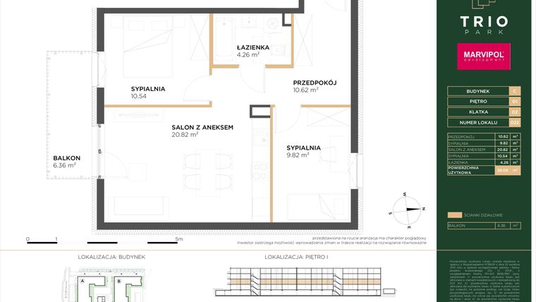 Rzut - Mieszkanie na sprzedaż 3 pokoje o powierzchni 56,06 m² - numer C022 w Trio Park bud. C