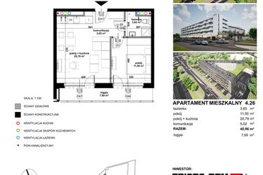 Rzut - Mieszkanie na sprzedaż 2 pokoje o powierzchni 41 m² - numer 4.26 w Apartamentowiec Zwycięska 3