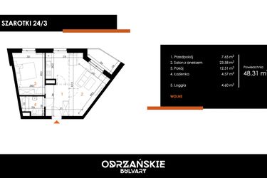 Rzut - Mieszkanie na sprzedaż 2 pokoje o powierzchni 48,31 m² - numer 24/3 w Odrzańskie Bulvary