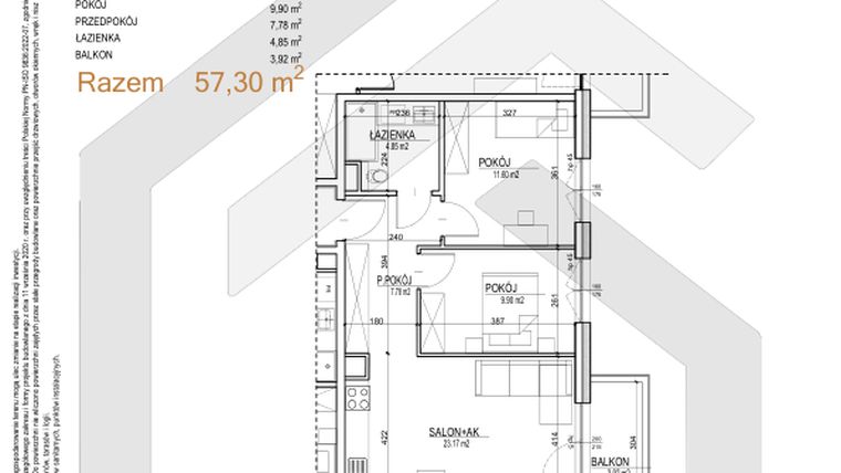 Rzut - Mieszkanie na sprzedaż 3 pokoje o powierzchni 57,3 m² - numer S.03.17 w Sobieskiego 29