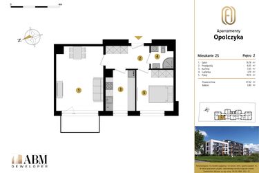 Rzut - Mieszkanie na sprzedaż 2 pokoje o powierzchni 47,42 m² - numer M25 w Apartamenty Opolczyka