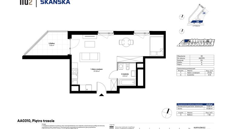 Rzut - Mieszkanie na sprzedaż 1 pokój o powierzchni 41,23 m² - numer AA0310 w NU2 Warszawa Wola - apartamenty wykończone pod klucz