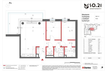 Rzut - Mieszkanie na sprzedaż 3 pokoje o powierzchni 69,61 m² - numer 23 w SO.21