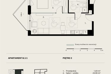 Rzut - Mieszkanie na sprzedaż 2 pokoje o powierzchni 46,12 m² - numer B/3/1 w Ogrodowa 12