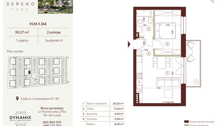 Rzut - Mieszkanie na sprzedaż 2 pokoje o powierzchni 39,27 m² - numer H.M.1.04 w Sereno Park