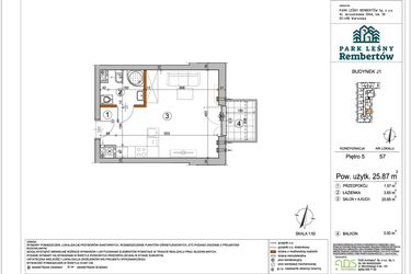 Rzut - Mieszkanie na sprzedaż 1 pokój o powierzchni 25,87 m² - numer J1-57 w Park Leśny Rembertów etap VIII