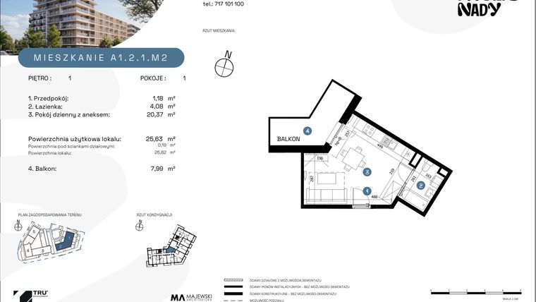 Rzut - Mieszkanie na sprzedaż 1 pokój o powierzchni 25,63 m² - numer A1.2.1.M2 w Nowe Promenady