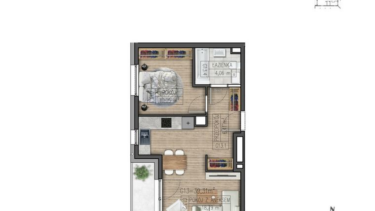 Rzut - Mieszkanie na sprzedaż 2 pokoje o powierzchni 39,31 m² - numer G13 w Osiedle Parkowe
