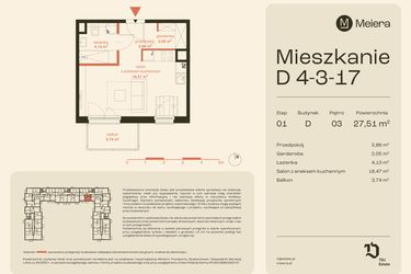 Rzut - Mieszkanie na sprzedaż 1 pokój o powierzchni 27,51 m² - numer D4-3-17 w Osiedle Meiera