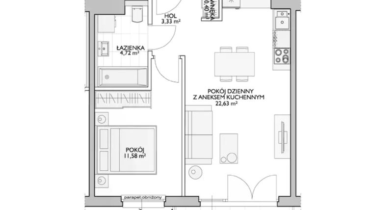 Rzut - Mieszkanie na sprzedaż 2 pokoje o powierzchni 44,01 m² - numer WO/P33/22 w Wiszące Ogrody