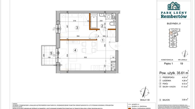 Rzut - Mieszkanie na sprzedaż 2 pokoje o powierzchni 35,61 m² - numer J1-19 w Park Leśny Rembertów etap VIII
