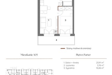 Rzut - Mieszkanie na sprzedaż 2 pokoje o powierzchni 38,75 m² - numer A05 w Dąbrowskiego 9