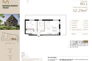 Rzut - Mieszkanie na sprzedaż 3 pokoje o powierzchni 52,29 m² - numer M11 w Massalskiego Trust