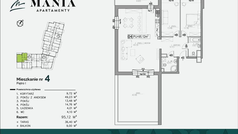 Rzut - Mieszkanie na sprzedaż 3 pokoje o powierzchni 95,12 m² - numer 4 w MANIA Apartamenty