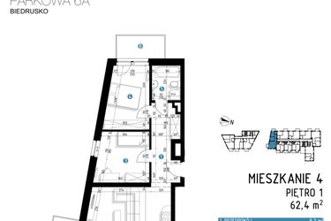 Rzut - Mieszkanie na sprzedaż 3 pokoje o powierzchni 62,4 m² - numer 6A.4 w Parkowa 6AC - ETAP III