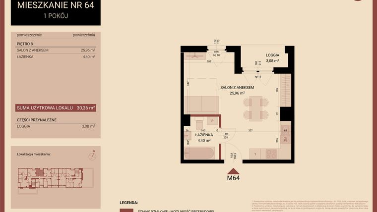 Rzut - Mieszkanie na sprzedaż 1 pokój o powierzchni 30,36 m² - numer 08.MB64 w Artepolis