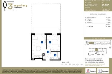 Rzut - Mieszkanie na sprzedaż 2 pokoje o powierzchni 43,58 m² - numer M.A07 w 3 Wymiary Bronowice