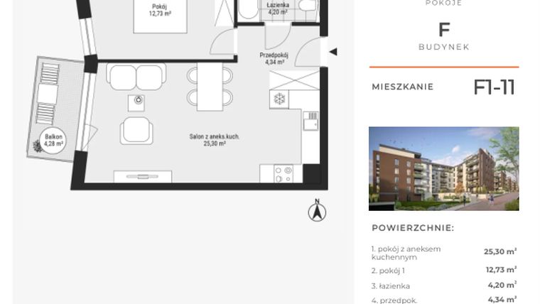 Rzut - Mieszkanie na sprzedaż 2 pokoje o powierzchni 46,57 m² - numer F1-11 w Na Koszutce II