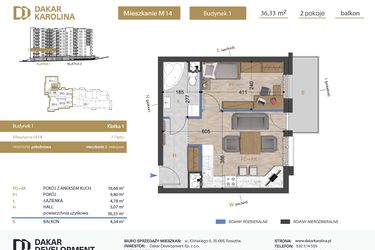 Rzut - Mieszkanie na sprzedaż 2 pokoje o powierzchni 36,33 m² - numer 14 w Osiedle Dakar Karolina